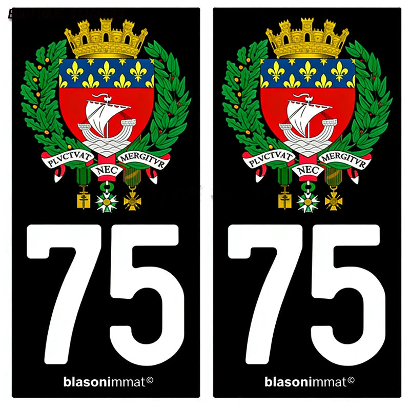 Autocollant plaque d'immatriculation France 75 Ile de France - Armoiries  Paris - Armoiries blason armoiries département droits