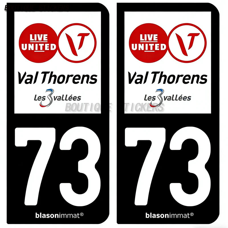 2Pcs French license plate stickers73 Maurienne-Pays-Val Thorens-Val d'Isère-Station-Val-d'Isère-Maurienne-Albertville-Armoiries