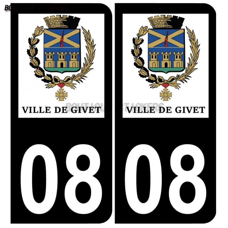 2Pcs Fine plaque d'immatriculation française autocollant noir bleu 08 Sedan-Ville  Rethel Givet logo Voiture moto PVC étanche