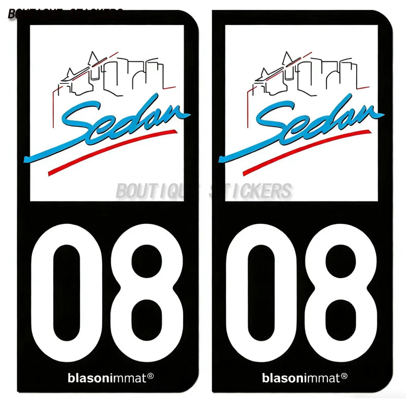 2Pcs Fine plaque d'immatriculation française autocollant noir bleu 08 Sedan-Ville  Rethel Givet logo Voiture moto PVC étanche