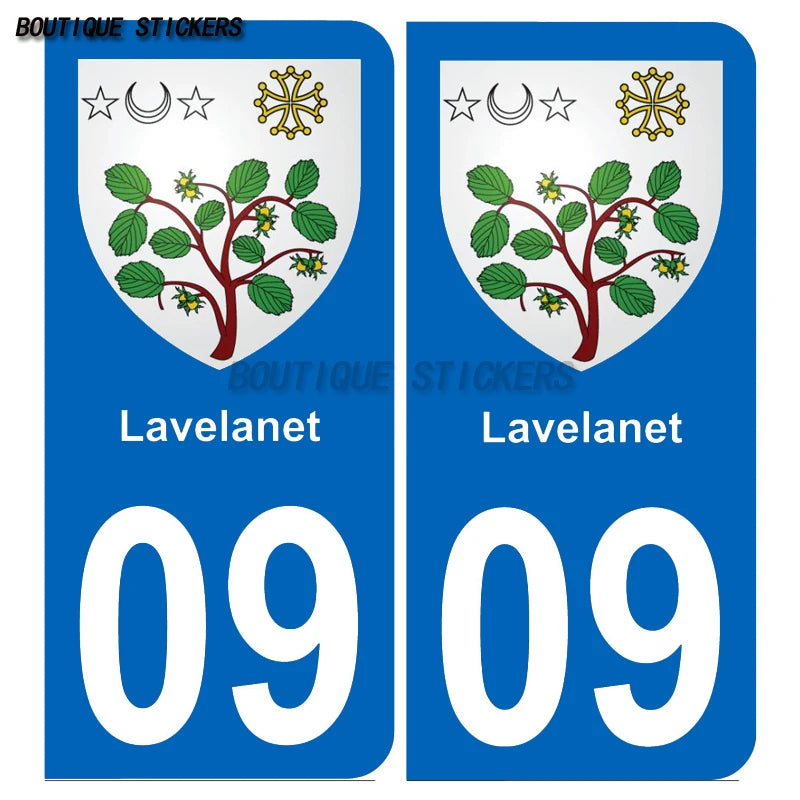 2Pcs Exquisite French license plate stickers in black and blue09 Lavelanet  Pamiers Saint-Girons Voiture moto PVC étanche
