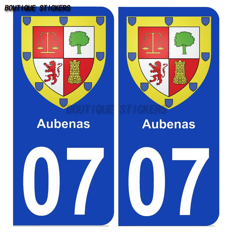 2PcsExquisite French licenseplate stickers in 07Vallon-Pont-d'Arc - Armoiries - Privas - Aubenas-Annonay Auto MotoPVCautocollant