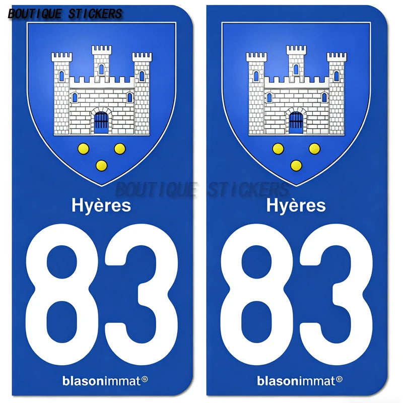 2Pcs Exquisite French licenseplate stickers in 83 Draguignan-Hyères-Armoiries-Var plaque blasonarmoiriesAuto MotoPVCautocollant