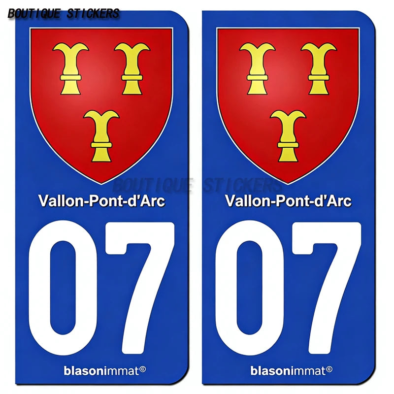 2PcsExquisite French licenseplate stickers in 07Vallon-Pont-d'Arc - Armoiries - Privas - Aubenas-Annonay Auto MotoPVCautocollant