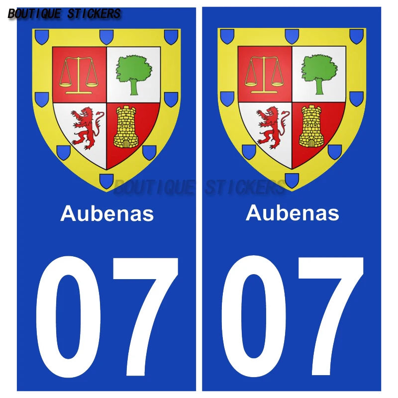 2PcsExquisite French licenseplate stickers in 07Vallon-Pont-d'Arc - Armoiries - Privas - Aubenas-Annonay Auto MotoPVCautocollant
