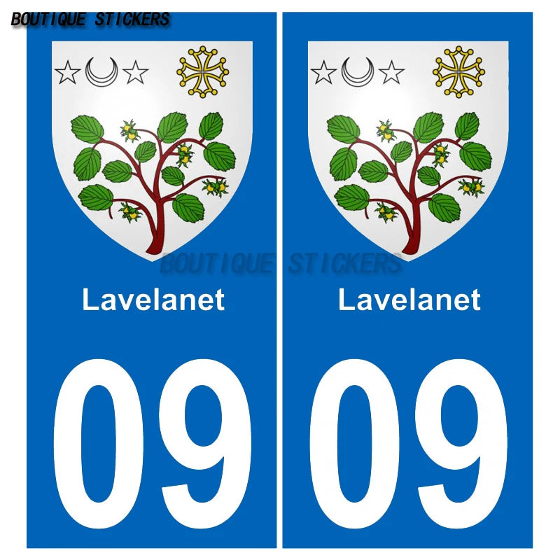2Pcs Exquisite French license plate stickers in black and blue09 Lavelanet  Pamiers Saint-Girons Voiture moto PVC étanche