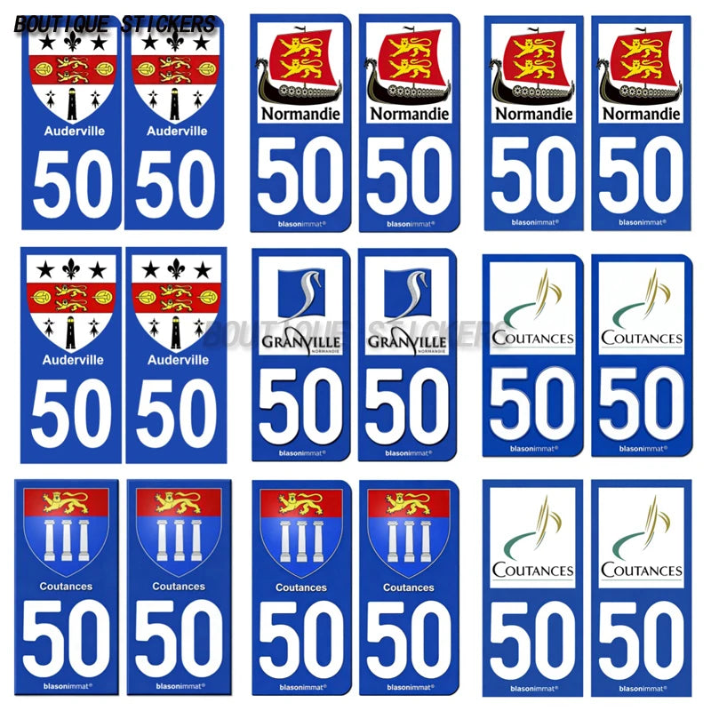 2Pcs French license plate stickers50 Coutances  Ville Coutances  Armoiries Granville  Ville Auderville blason Normandie  Drakkar