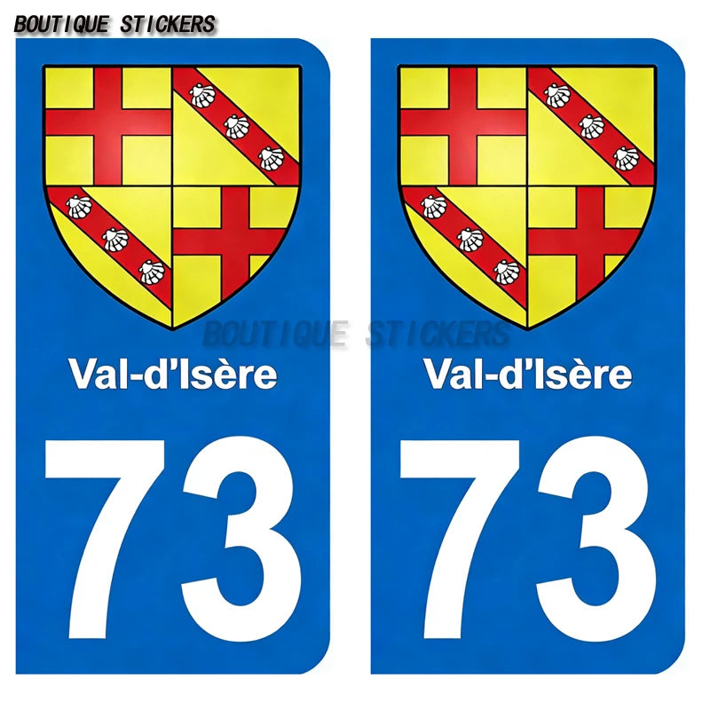 2Pcs Exquisite French licenseplate stickers in 73 Val-d'Isère - Savoie croix savoie droits - croix Savoie - Val-d'Isère logo