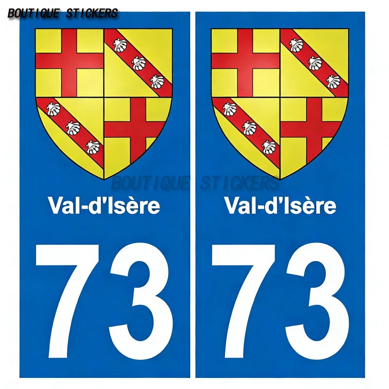 2Pcs Exquisite French licenseplate stickers in 73 Val-d'Isère - Savoie croix savoie droits - croix Savoie - Val-d'Isère logo