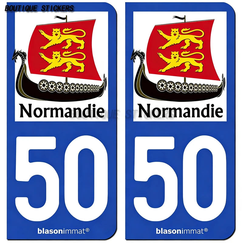 2Pcs French license plate stickers50 Coutances  Ville Coutances  Armoiries Granville  Ville Auderville blason Normandie  Drakkar