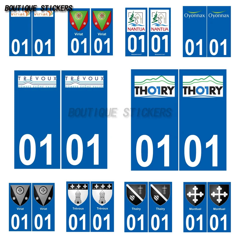 2 blue square corner license plate stickers01 Nantua  Oyonnax Thoiry Trévoux Montluel Viriat  Péronnas Lagnieu Viriat ville